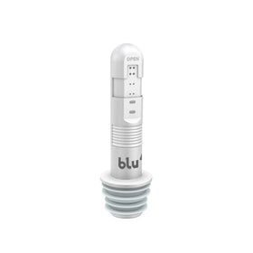 blu GO Bidet handheld travel bidet in white, upright view showing spray nozzle holes and blu logo