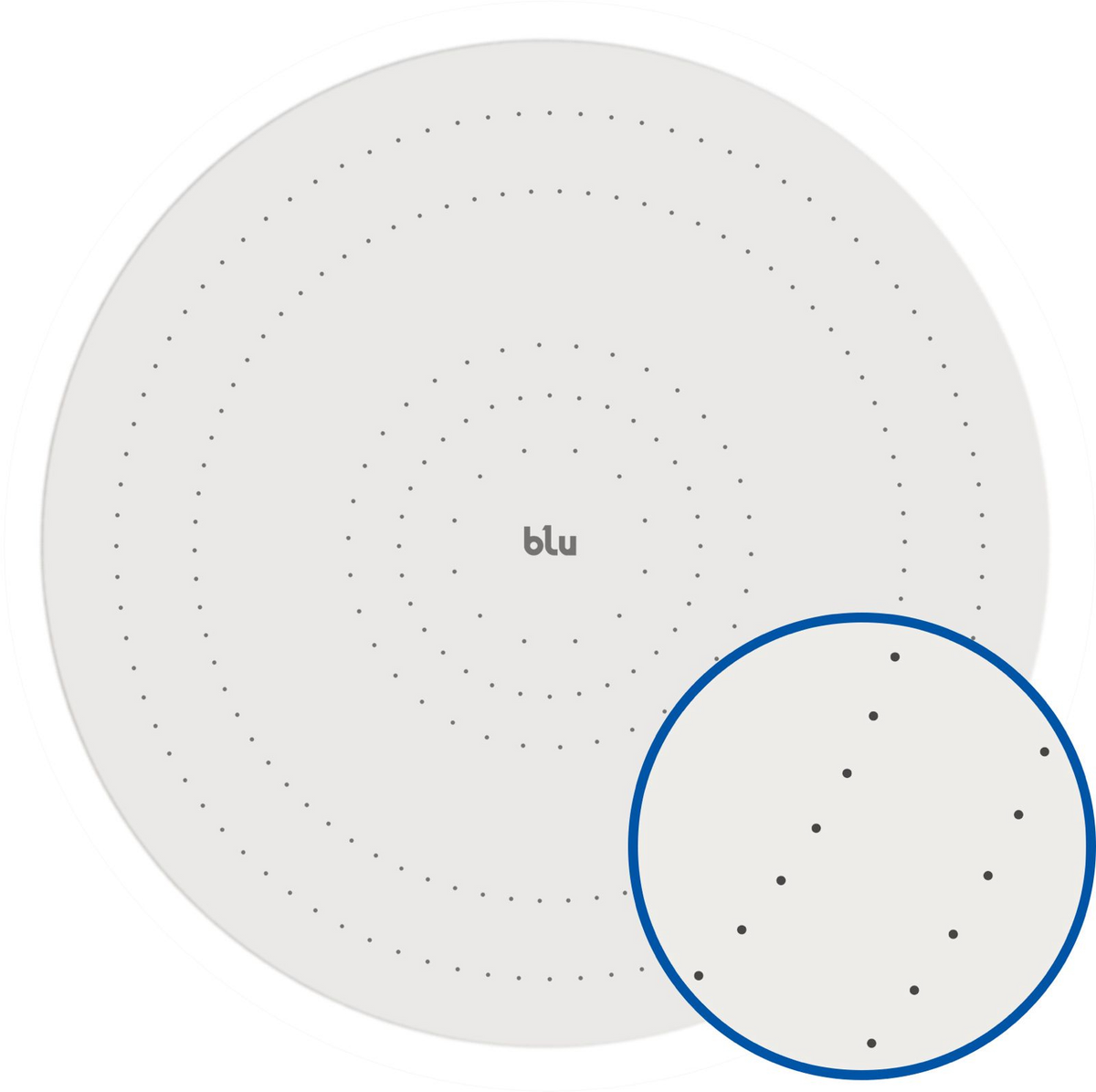blu Ionic stainless steel spray plate seen from above, with its rings of 0.3 mm precision-etched perforations and a magnified detail of the hole pattern