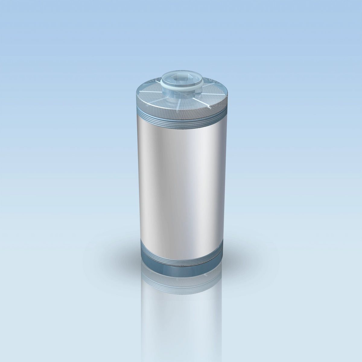 blu NXT LVL Shower Softener & Filter refill, Seplite® 2-pack: a single replacement resin cartridge, three-quarter view showing the mesh top and translucent blue cap