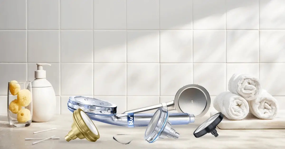 Several blu Ionic Shower Filters arranged on a bathroom counter