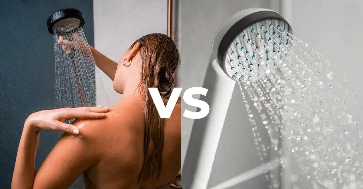 blu Ionic Shower Filter handheld shown side by side with a conventional shower head