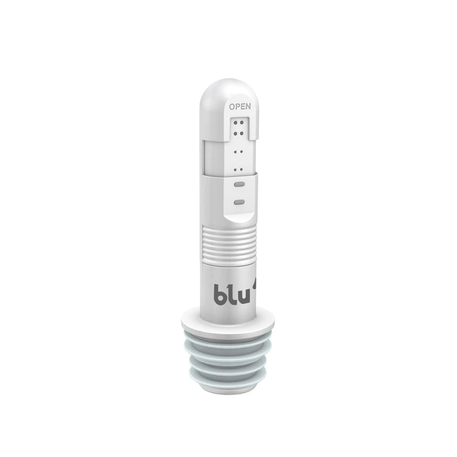 blu GO Bidet handheld travel bidet in white, upright view showing spray nozzle holes and blu logo