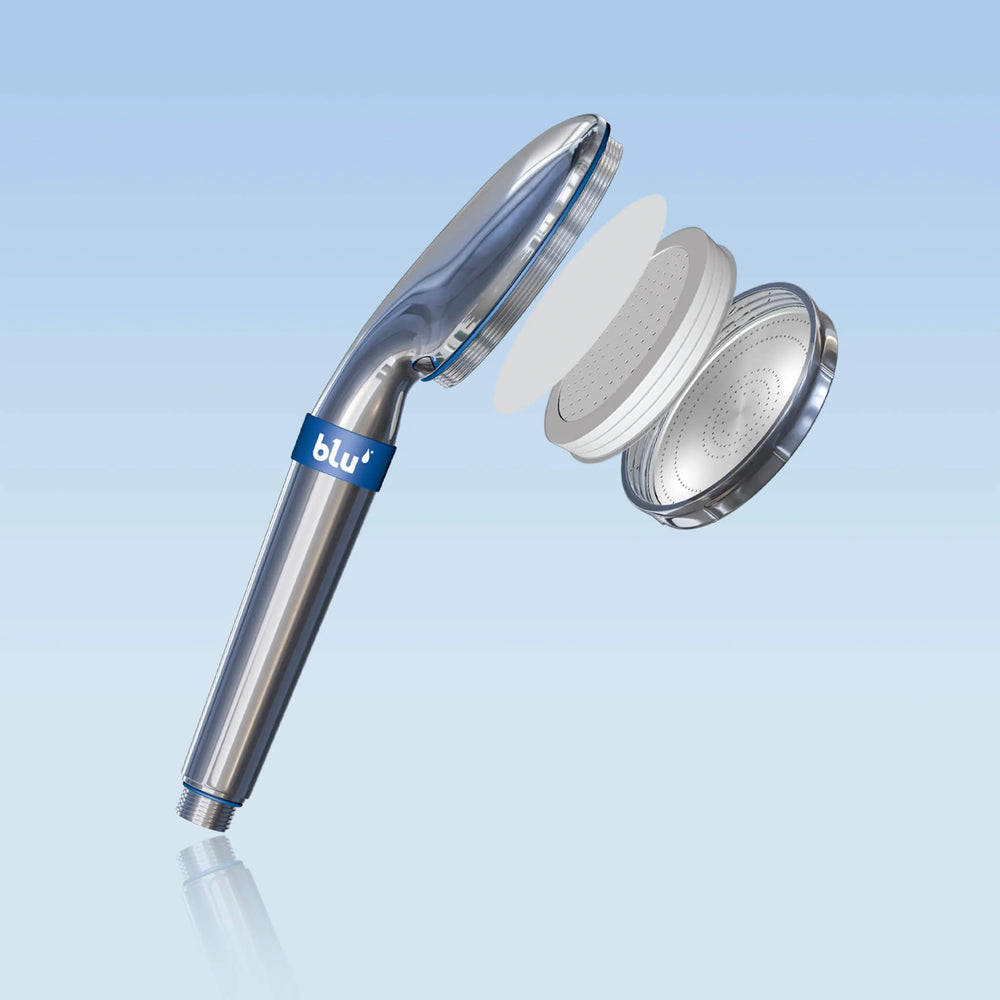 blu Handheld Ionic Shower Filter in Chrome, exploded side view showing filter disc and spray plate