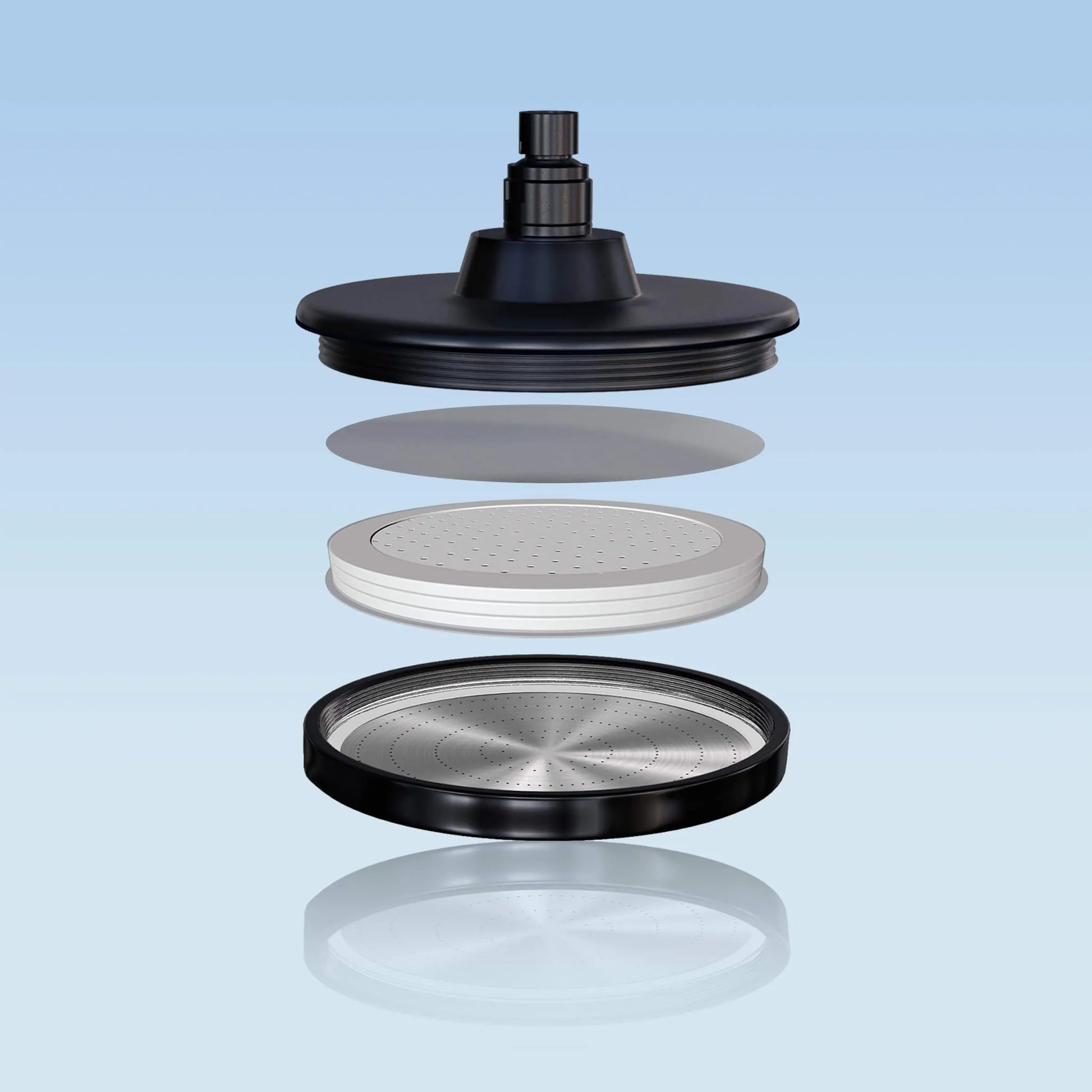 blu Overhead Ionic Shower Filter, Matt Black, exploded view showing housing, filter layers and perforated spray plate