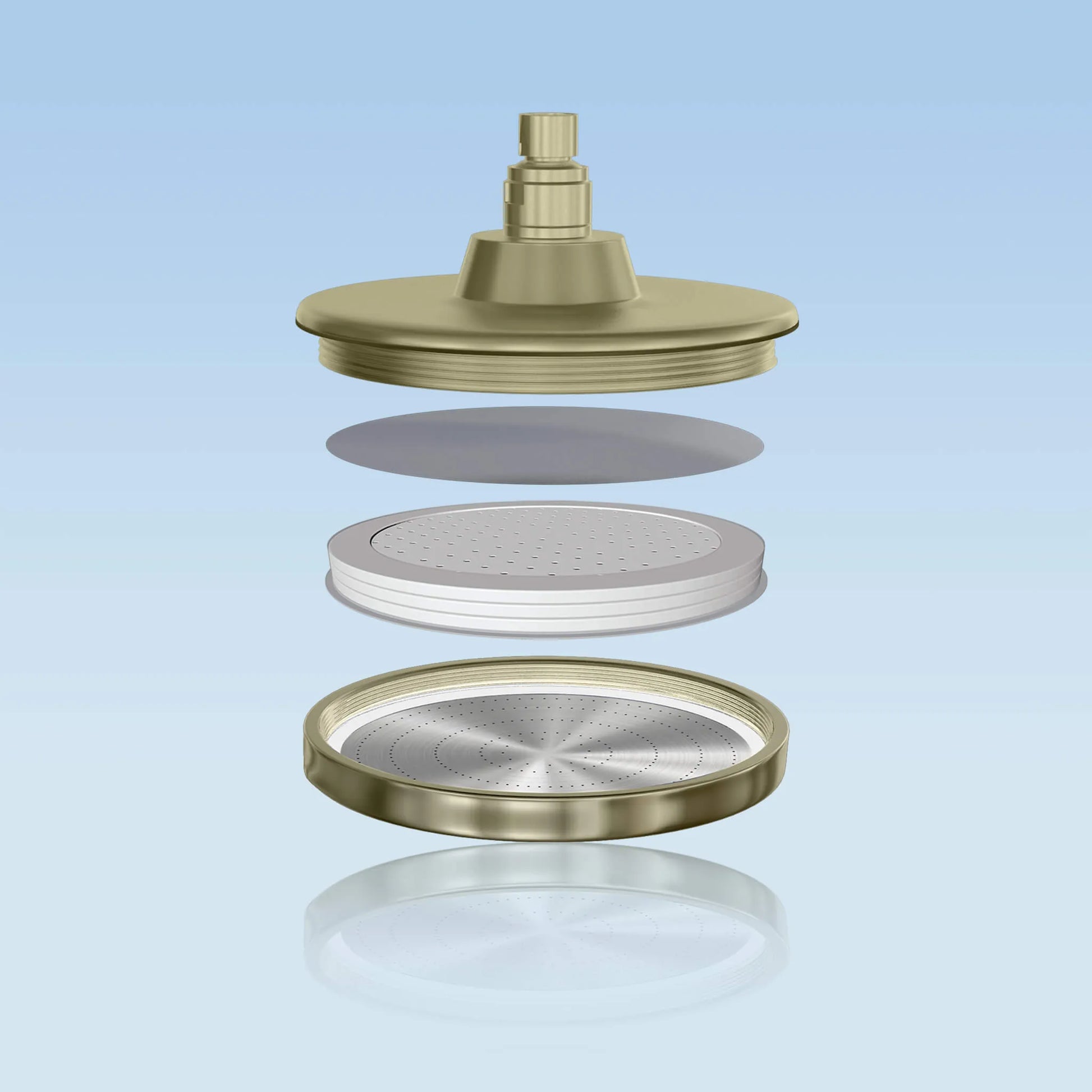 blu Overhead Ionic Filter in Matt Champagne, vertical exploded view of head, filter disc and spray plate