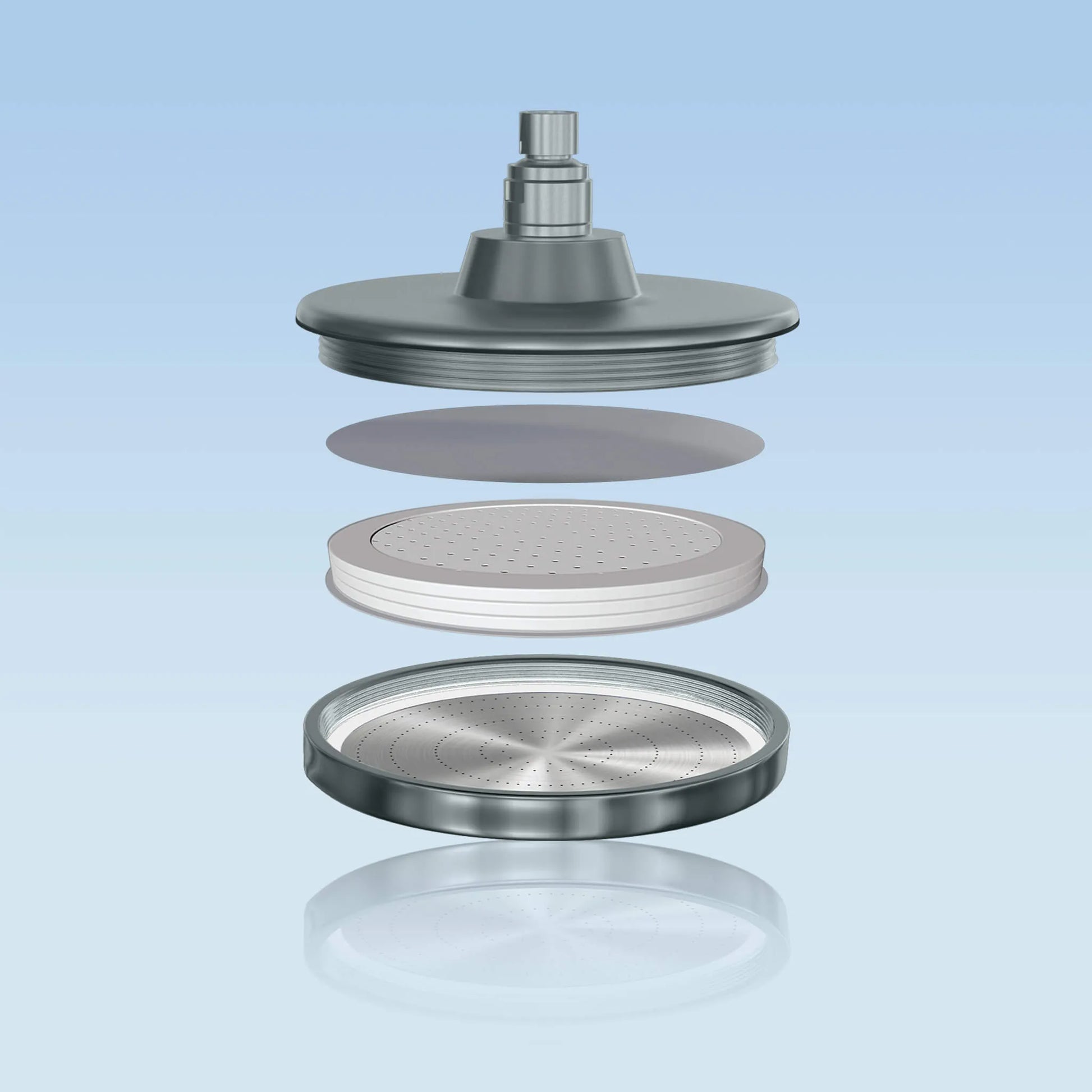blu Overhead Ionic Filter in Matt Nickel, vertical exploded stack of head, filter disc and spray plate