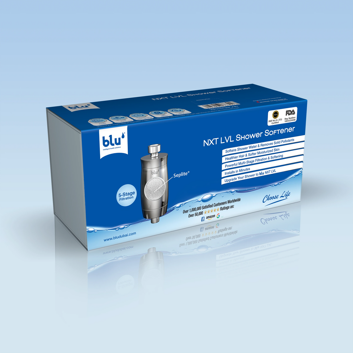 blu NXT LVL Shower Softener retail box, front and side panels with the 5-stage filtration badge