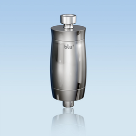 blu NXT LVL Shower Softener & Filter in chrome, three-quarter view, tap connection on top and hose thread below