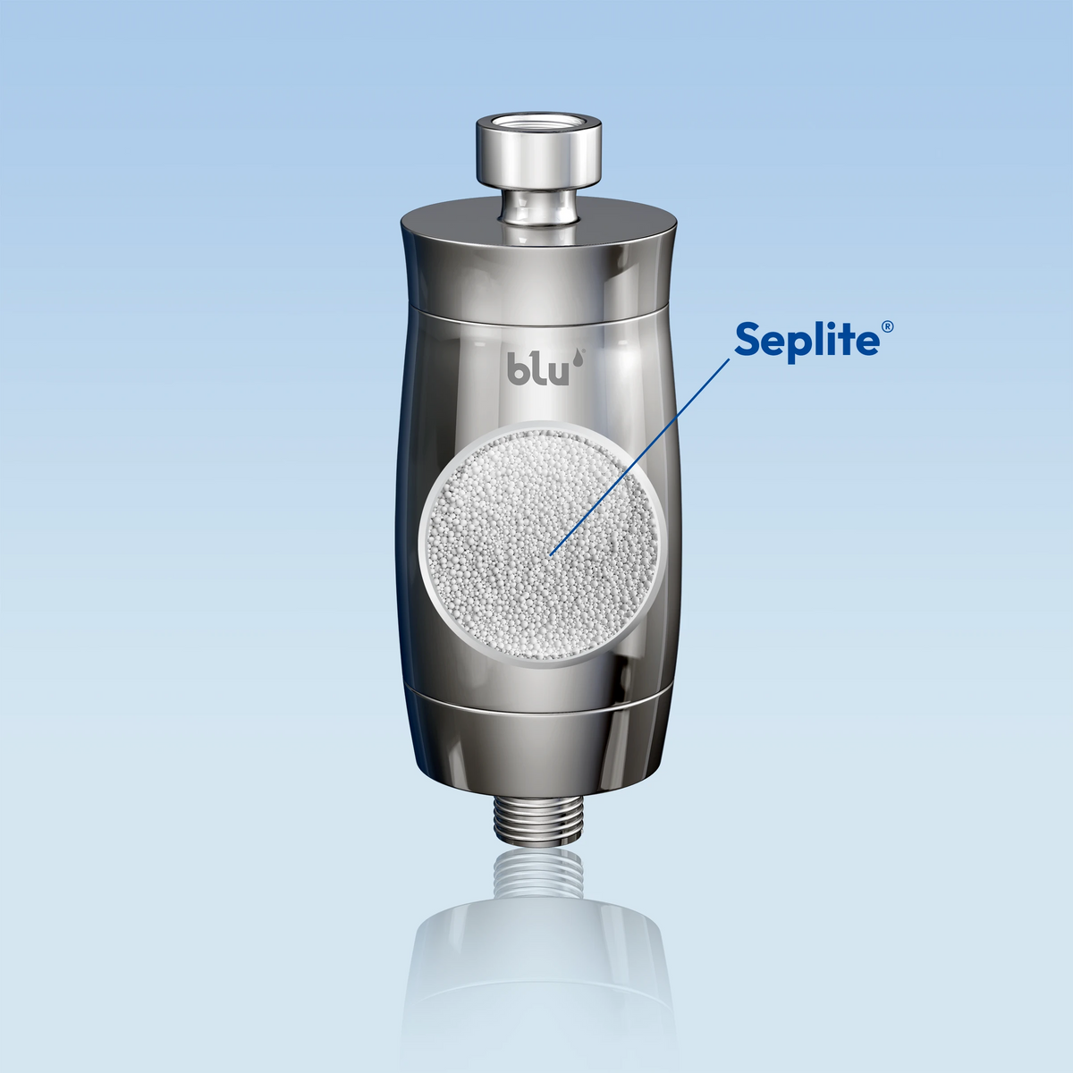 blu NXT LVL Shower Softener with a cutaway showing the Seplite ion-exchange resin beads inside the cartridge