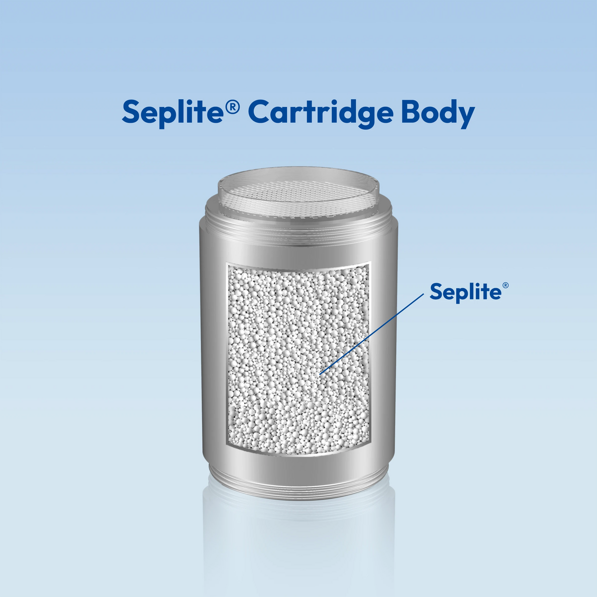 blu NXT LVL Shower Softener & Filter refill, Seplite® 2-pack: the Seplite® cartridge body with a cut-away window showing the white resin beads inside