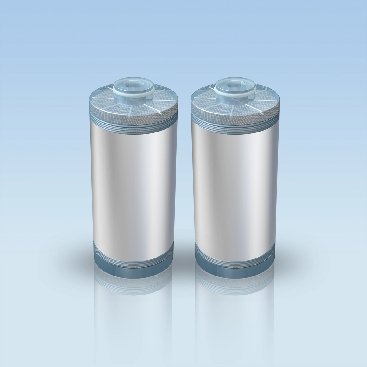 blu NXT LVL Shower Softener & Filter refill, Seplite® 2-pack: two replacement resin cartridges side by side on a light-blue background