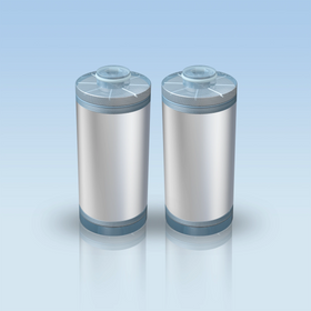 blu NXT LVL Shower Softener & Filter refill, Seplite® 2-pack: two replacement resin cartridges side by side on a light-blue background