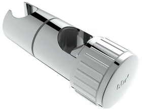 blu Rack shower head holder in chrome, angled close-up showing the open cradle and ribbed adjustment ring